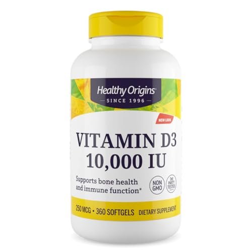 Healthy Origins Vitamin D3 10.000 IE (250 mcg) – 360 flüssige Softgels – Hochpotentes Sonnenvitamin – Unterstützt starke Knochen, gesunde Zähne und Immunsystem