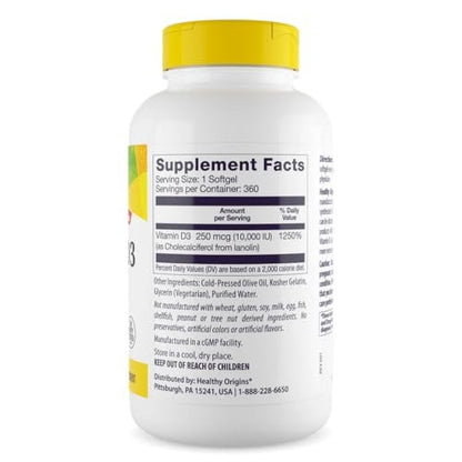 Healthy Origins Vitamin D3 10.000 IE (250 mcg) – 360 flüssige Softgels – Hochpotentes Sonnenvitamin – Unterstützt starke Knochen, gesunde Zähne und Immunsystem