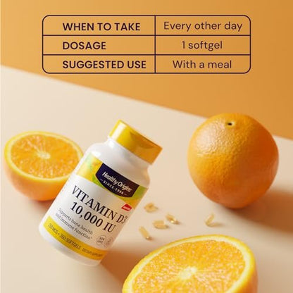 Healthy Origins Vitamin D3 10.000 IE (250 mcg) – 360 flüssige Softgels – Hochpotentes Sonnenvitamin – Unterstützt starke Knochen, gesunde Zähne und Immunsystem
