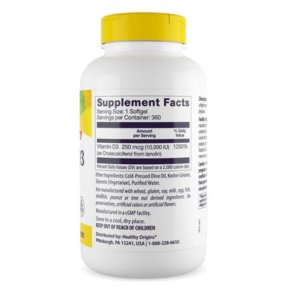 Healthy Origins Vitamin D3 10.000 IE (250 mcg) – 360 flüssige Softgels – Hochpotentes Sonnenvitamin – Unterstützt starke Knochen, gesunde Zähne und Immunsystem