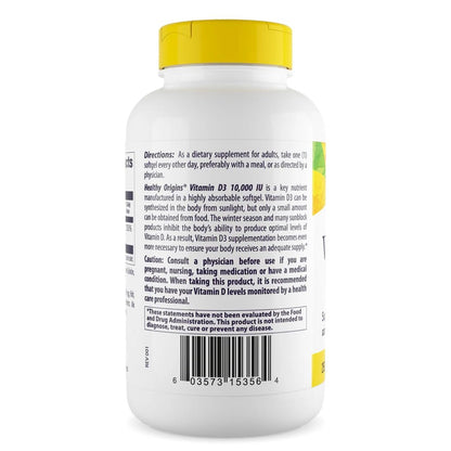 Healthy Origins Vitamin D3 10.000 IE (250 mcg) – 360 flüssige Softgels – Hochpotentes Sonnenvitamin – Unterstützt starke Knochen, gesunde Zähne und Immunsystem