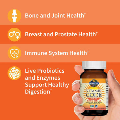Garden of Life Vitamin Code Roh-Vitamin D3 2.000 IE – 60 Kapseln, rohes Vollwert-Vitamin D mit Chlorella, Obst, Gemüse & Probiotika für Knochen- & Immunsystemunterstützung