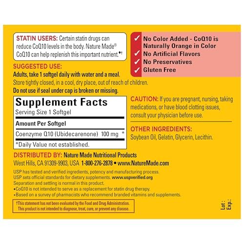 Nature Made CoQ10 100 mg – Nahrungsergänzungsmittel für die Herzgesundheit, 72 Weichkapseln, 72-Tage-Vorrat
