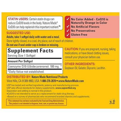 Nature Made CoQ10 100 mg – Nahrungsergänzungsmittel für die Herzgesundheit, 72 Weichkapseln, 72-Tage-Vorrat