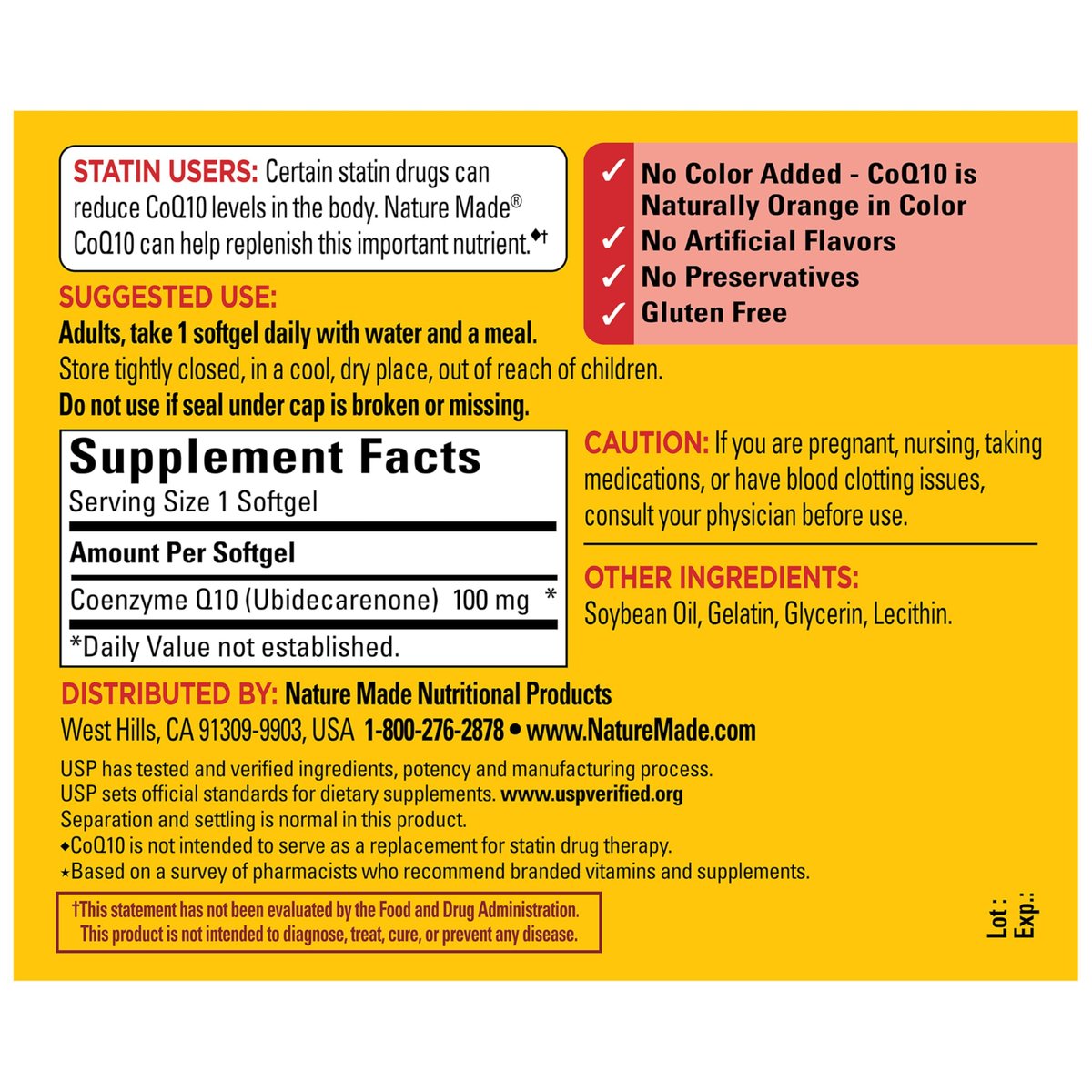 Nature Made CoQ10 100 mg – Nahrungsergänzungsmittel für die Herzgesundheit, 72 Weichkapseln, 72-Tage-Vorrat