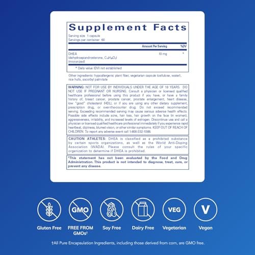 Pure Encapsulations DHEA 10 mg – Nebennieren-Unterstützung für Immunsystem, Stoffwechsel & Hormonhaushalt – mit mikronisiertem DHEA – 60 Kapseln