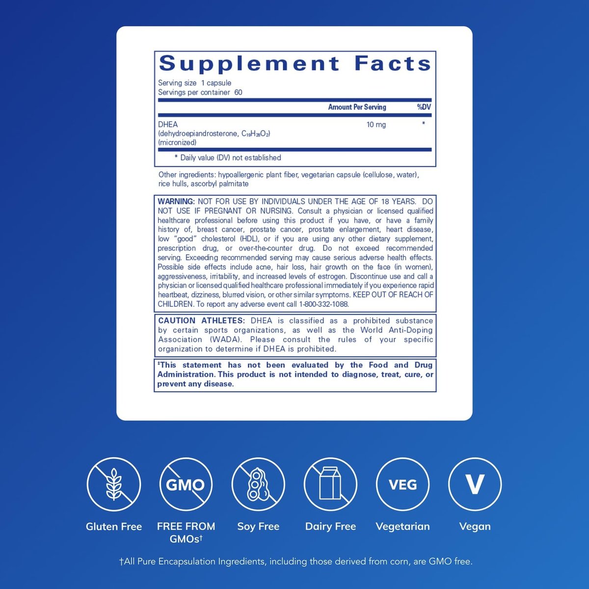 Pure Encapsulations DHEA 10 mg – Nebennieren-Unterstützung für Immunsystem, Stoffwechsel & Hormonhaushalt – mit mikronisiertem DHEA – 60 Kapseln