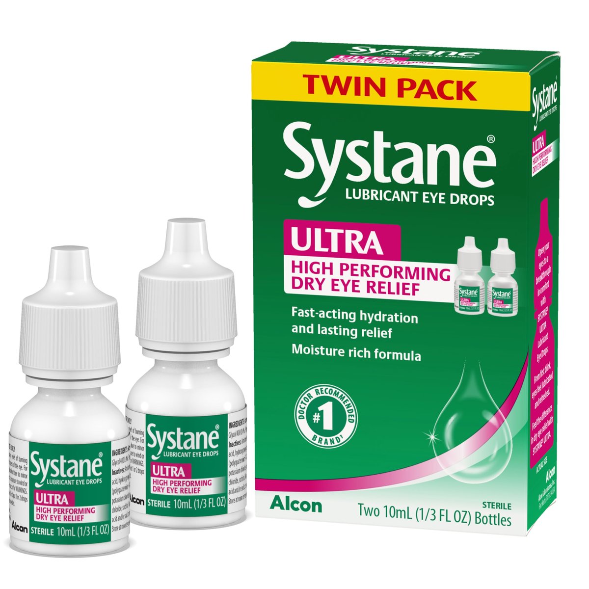 Systane Ultra Befeuchtende Augentropfen, Künstliche Tränen bei Trockenen Augen, Doppelpack, 2x10 ml