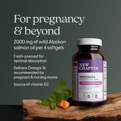 New Chapter Wholemega for Moms Fischöl Ergänzung, Kleine Kapseln, 2000mg pro Portion, Pränatales DHA mit Omega-3 + Vitamin D3 für pränatale & postnatale Unterstützung, 500mg jede - 90 Kapseln