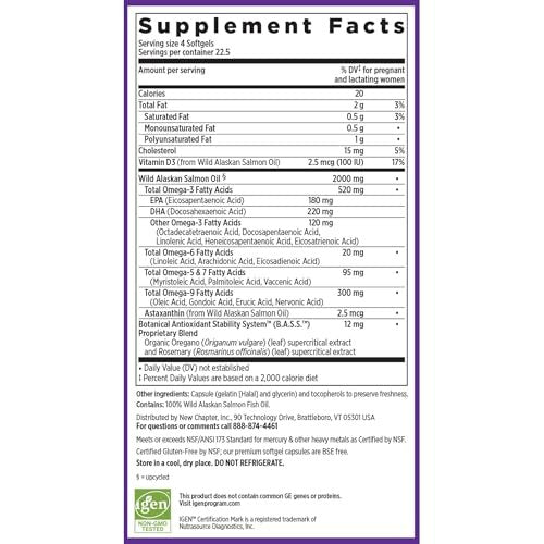New Chapter Wholemega for Moms Fischöl Ergänzung, Kleine Kapseln, 2000mg pro Portion, Pränatales DHA mit Omega-3 + Vitamin D3 für pränatale & postnatale Unterstützung, 500mg jede - 90 Kapseln