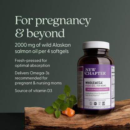 New Chapter Wholemega for Moms Fischöl Ergänzung, Kleine Kapseln, 2000mg pro Portion, Pränatales DHA mit Omega-3 + Vitamin D3 für pränatale & postnatale Unterstützung, 500mg jede - 90 Kapseln