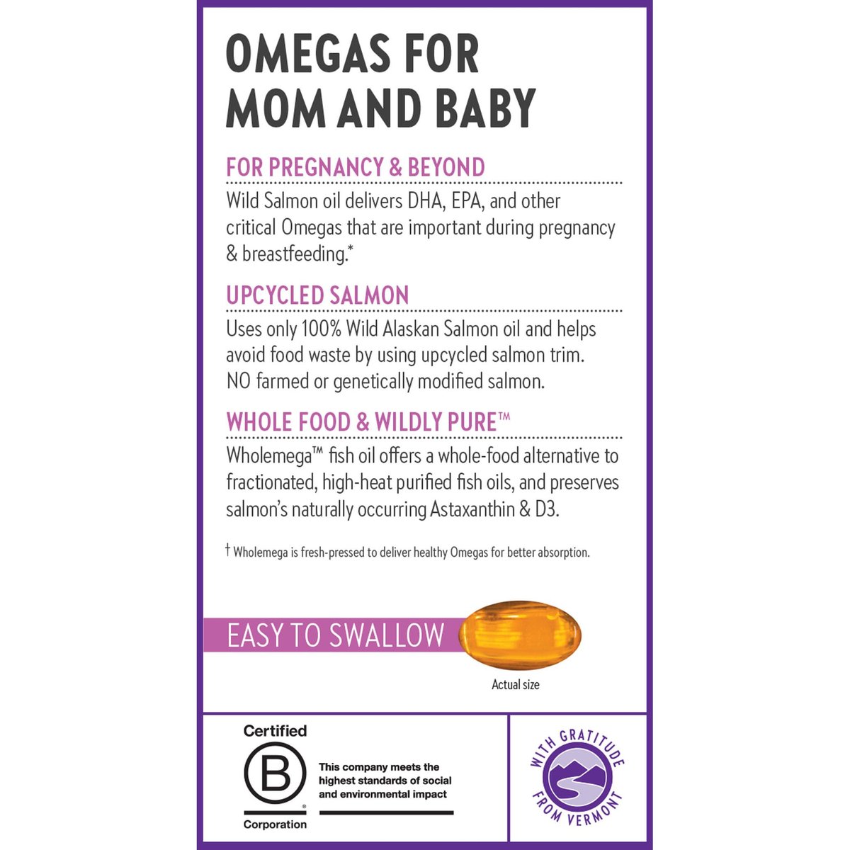 New Chapter Wholemega for Moms Fischöl Ergänzung, Kleine Kapseln, 2000mg pro Portion, Pränatales DHA mit Omega-3 + Vitamin D3 für pränatale & postnatale Unterstützung, 500mg jede - 90 Kapseln
