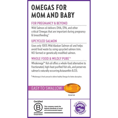 New Chapter Wholemega for Moms Fischöl Ergänzung, Kleine Kapseln, 2000mg pro Portion, Pränatales DHA mit Omega-3 + Vitamin D3 für pränatale & postnatale Unterstützung, 500mg jede - 90 Kapseln