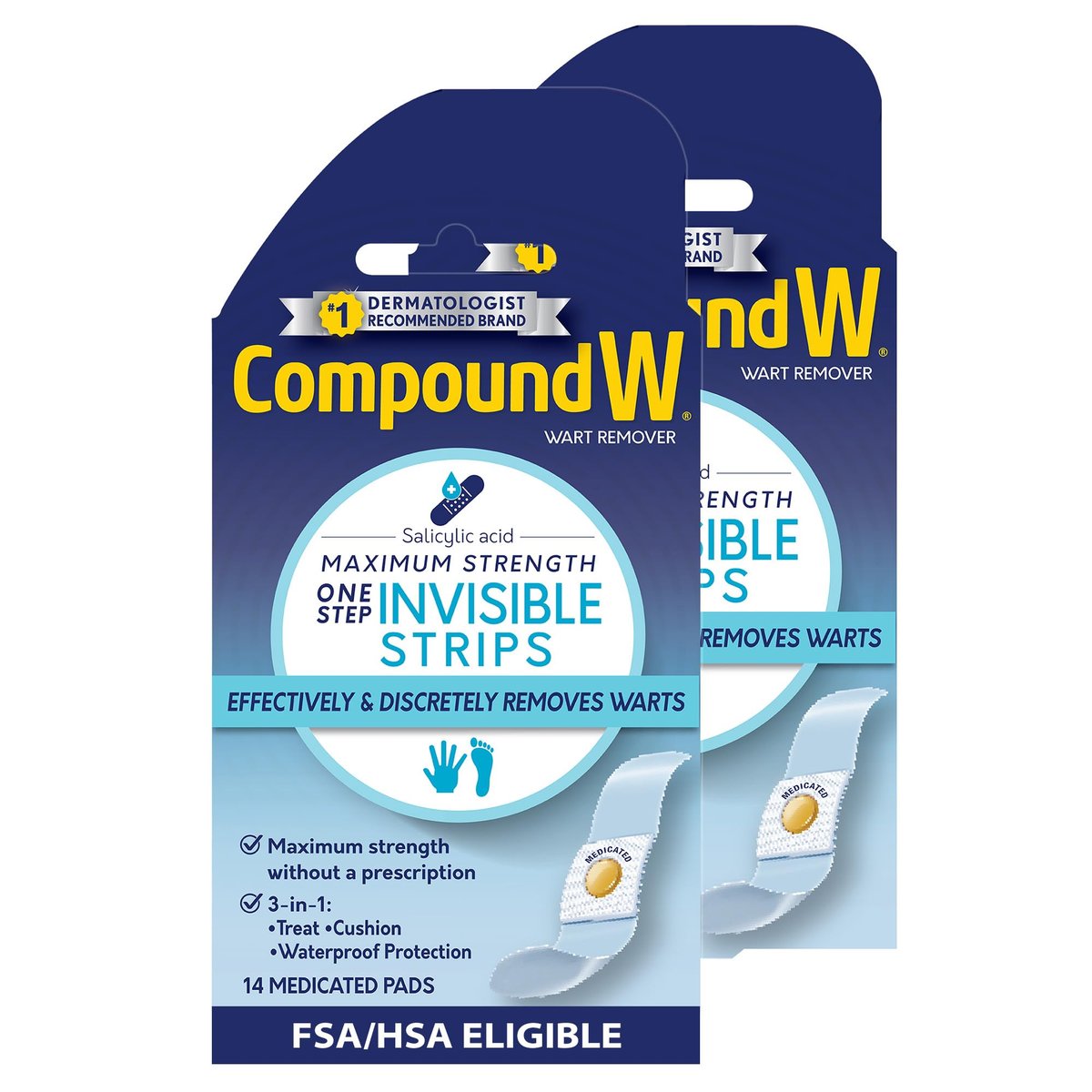 Compound W Maximum Strength Ein-Schritt Warzenentferner Streifen mit Salicylsäure, wasserdichte Warzenpflaster, 14 Stück, Packung mit 2