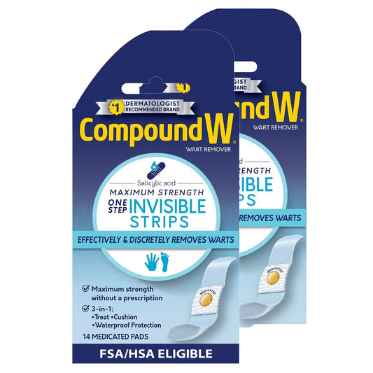 Compound W Maximum Strength Ein-Schritt Warzenentferner Streifen mit Salicylsäure, wasserdichte Warzenpflaster, 14 Stück, Packung mit 2