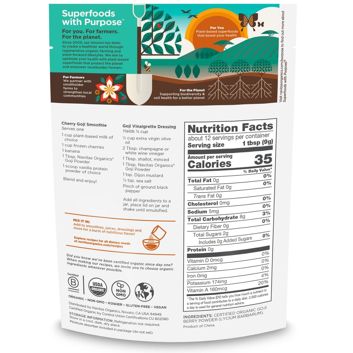 Navitas Organics Goji Pulver – 100% gefriergetrockneter Goji-Beeren-Saft – Antioxidantien-Boost – für Smoothies, Desserts & mehr – USDA Bio, Nicht-GVO, Koscher, Vegan, Glutenfrei (115g Beutel, 12 Portionen)