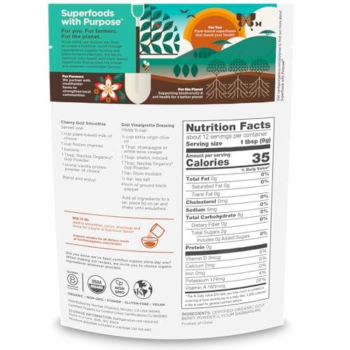 Navitas Organics Goji Pulver – 100% gefriergetrockneter Goji-Beeren-Saft – Antioxidantien-Boost – für Smoothies, Desserts & mehr – USDA Bio, Nicht-GVO, Koscher, Vegan, Glutenfrei (115g Beutel, 12 Portionen)