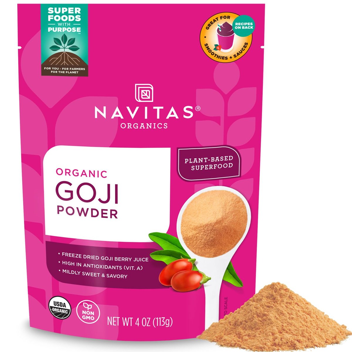 Navitas Organics Goji Pulver – 100% gefriergetrockneter Goji-Beeren-Saft – Antioxidantien-Boost – für Smoothies, Desserts & mehr – USDA Bio, Nicht-GVO, Koscher, Vegan, Glutenfrei (115g Beutel, 12 Portionen)