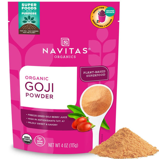 Navitas Organics Goji Pulver – 100% gefriergetrockneter Goji-Beeren-Saft – Antioxidantien-Boost – für Smoothies, Desserts & mehr – USDA Bio, Nicht-GVO, Koscher, Vegan, Glutenfrei (115g Beutel, 12 Portionen)