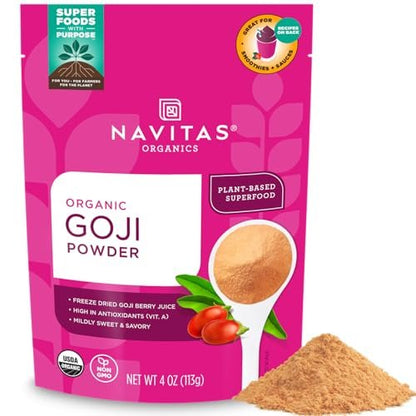 Navitas Organics Goji Pulver – 100% gefriergetrockneter Goji-Beeren-Saft – Antioxidantien-Boost – für Smoothies, Desserts & mehr – USDA Bio, Nicht-GVO, Koscher, Vegan, Glutenfrei (115g Beutel, 12 Portionen)