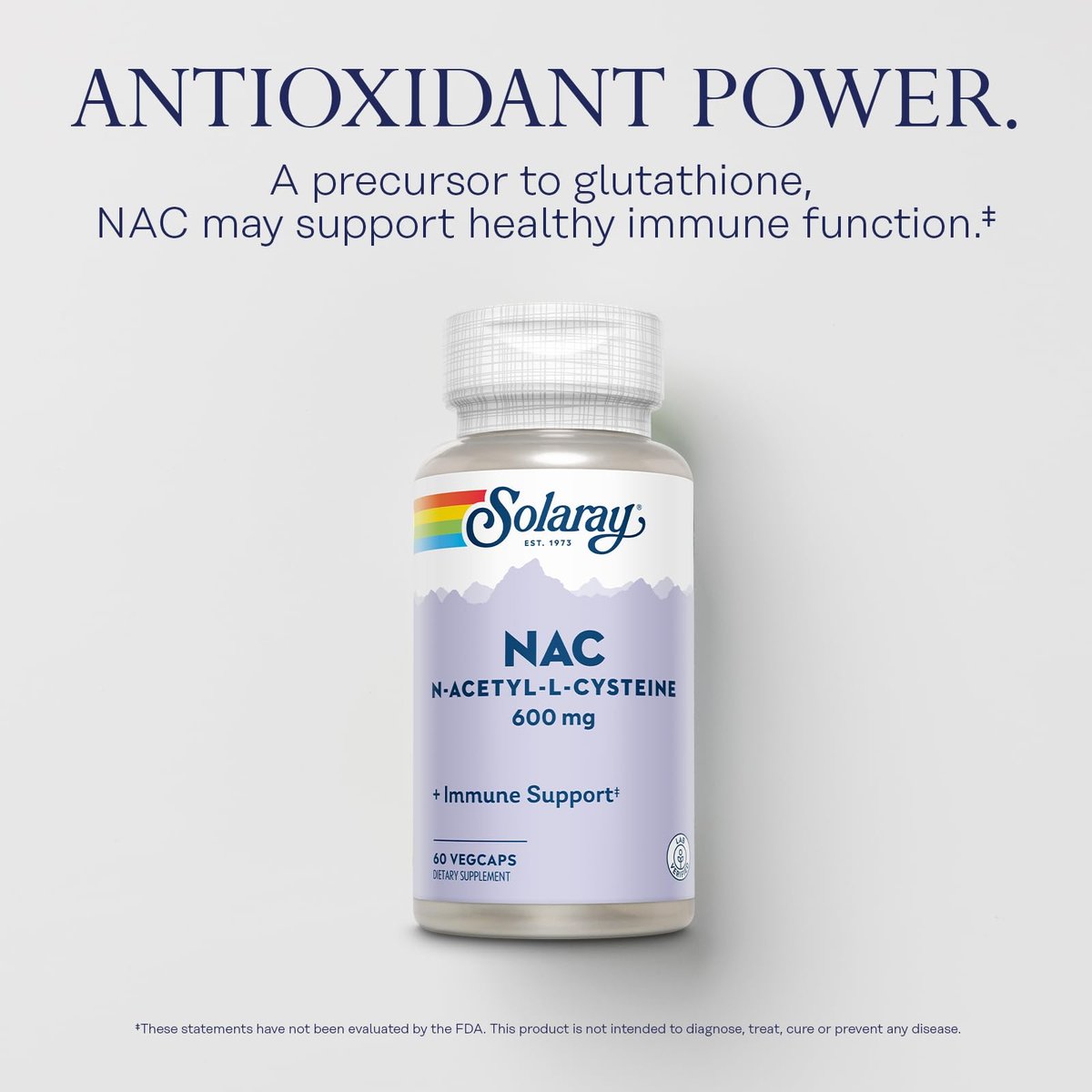 SOLARAY NAC Kapseln 600 mg – N-Acetyl-L-Cystein für Männer & Frauen, Vorstufe von Glutathion & Aminosäure-Unterstützung für Zellgesundheit, Antioxidans für Immunsystem – 60 vegane Kapseln