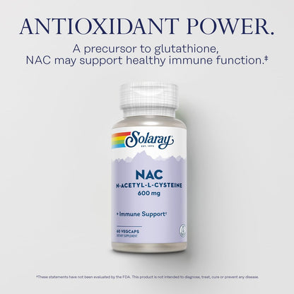 SOLARAY NAC Kapseln 600 mg – N-Acetyl-L-Cystein für Männer & Frauen, Vorstufe von Glutathion & Aminosäure-Unterstützung für Zellgesundheit, Antioxidans für Immunsystem – 60 vegane Kapseln