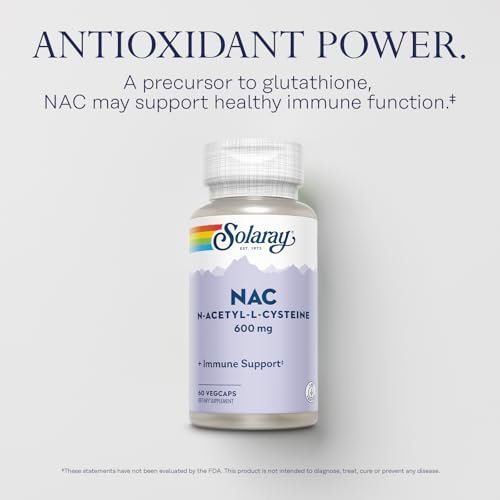 SOLARAY NAC Kapseln 600 mg – N-Acetyl-L-Cystein für Männer & Frauen, Vorstufe von Glutathion & Aminosäure-Unterstützung für Zellgesundheit, Antioxidans für Immunsystem – 60 vegane Kapseln