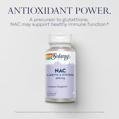 SOLARAY NAC Kapseln 600 mg – N-Acetyl-L-Cystein für Männer & Frauen, Vorstufe von Glutathion & Aminosäure-Unterstützung für Zellgesundheit, Antioxidans für Immunsystem – 60 vegane Kapseln