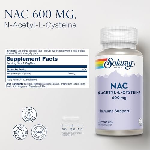 SOLARAY NAC Kapseln 600 mg – N-Acetyl-L-Cystein für Männer & Frauen, Vorstufe von Glutathion & Aminosäure-Unterstützung für Zellgesundheit, Antioxidans für Immunsystem – 60 vegane Kapseln