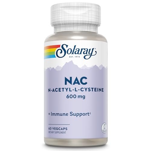 SOLARAY NAC Kapseln 600 mg – N-Acetyl-L-Cystein für Männer & Frauen, Vorstufe von Glutathion & Aminosäure-Unterstützung für Zellgesundheit, Antioxidans für Immunsystem – 60 vegane Kapseln