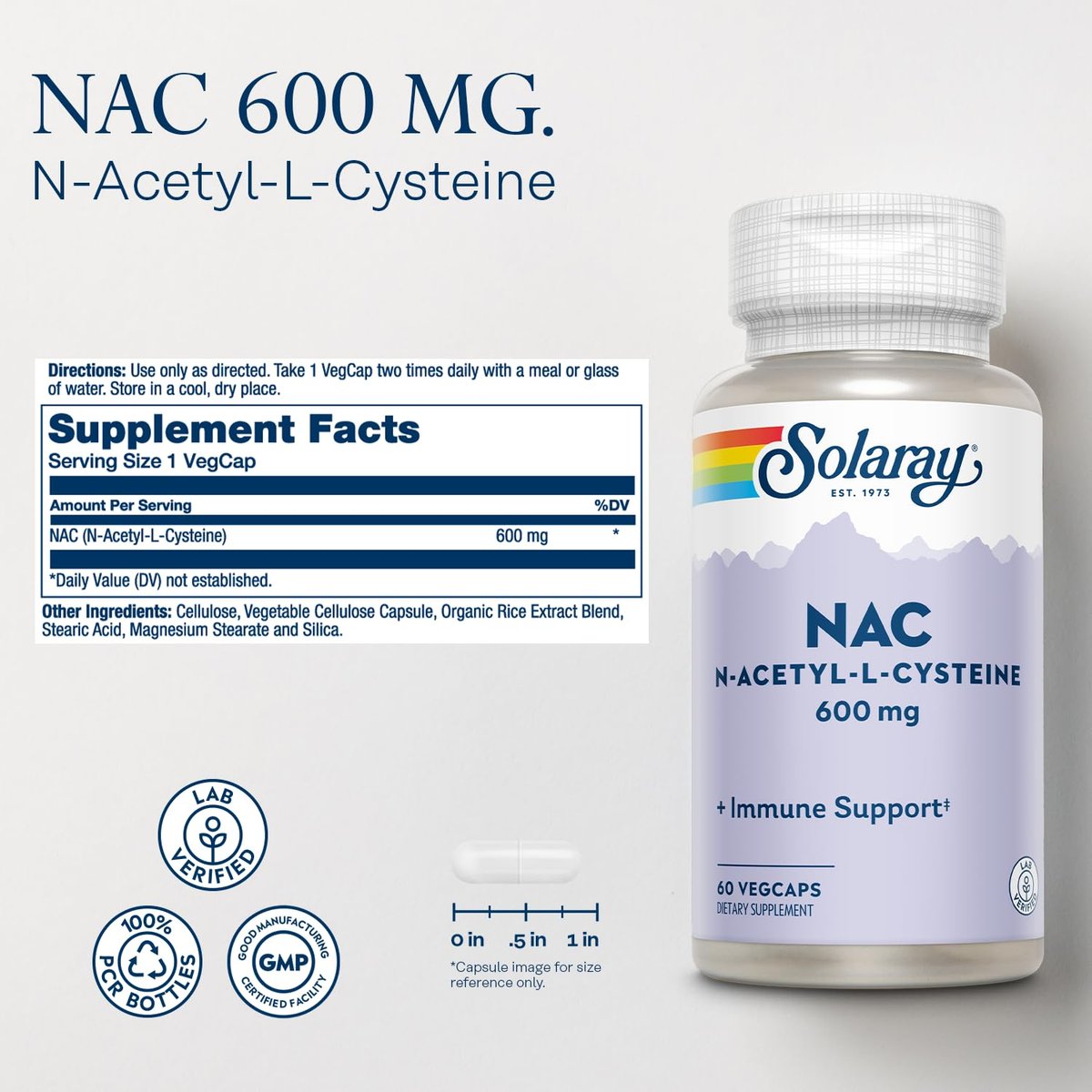 SOLARAY NAC Kapseln 600 mg – N-Acetyl-L-Cystein für Männer & Frauen, Vorstufe von Glutathion & Aminosäure-Unterstützung für Zellgesundheit, Antioxidans für Immunsystem – 60 vegane Kapseln