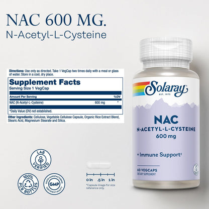 SOLARAY NAC Kapseln 600 mg – N-Acetyl-L-Cystein für Männer & Frauen, Vorstufe von Glutathion & Aminosäure-Unterstützung für Zellgesundheit, Antioxidans für Immunsystem – 60 vegane Kapseln