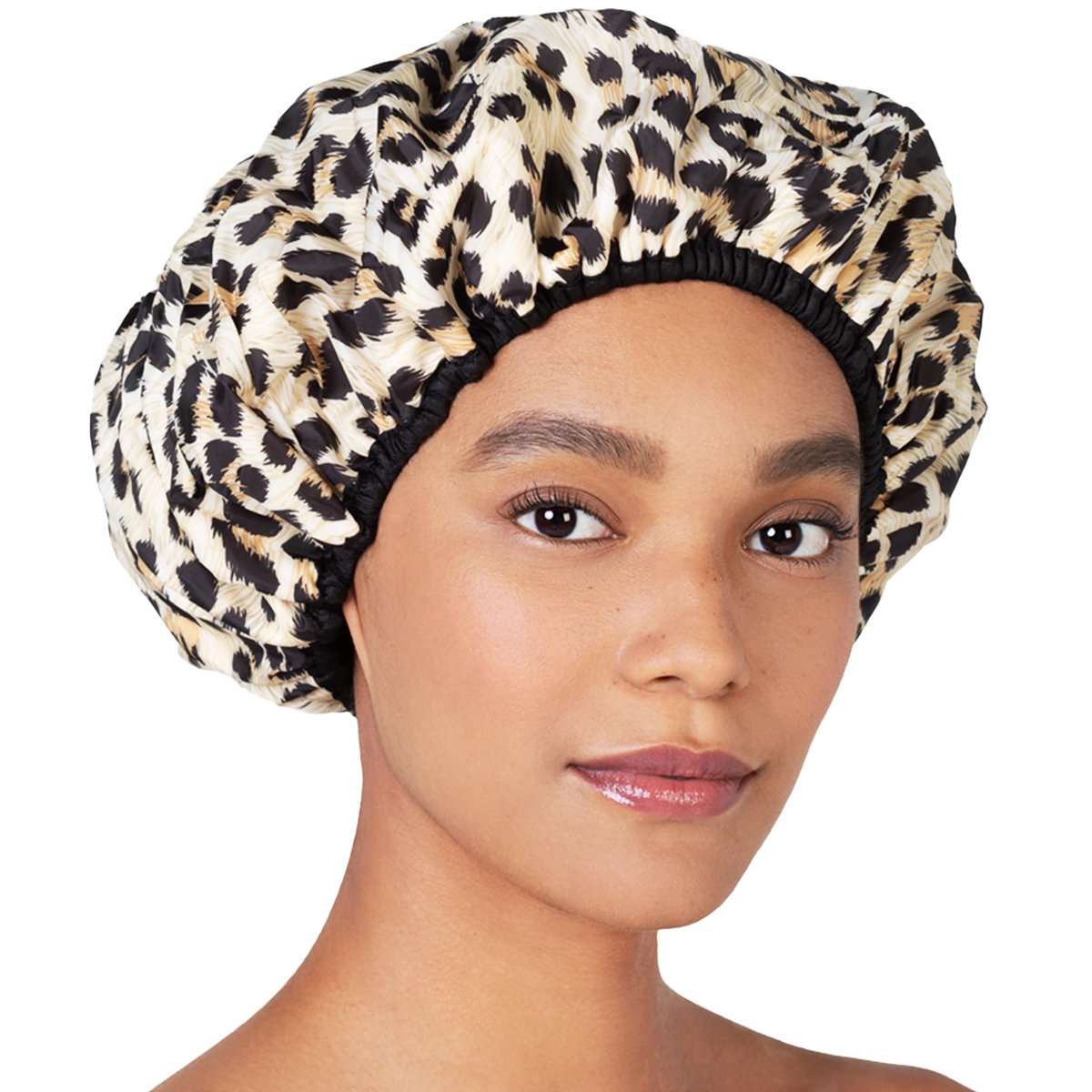 Betty Dain Wiederverwendbare Nylon-Duschhaube, umkehrbar, übergroß, wasserdicht, für alle Haarlängen, mit Frottee-Futter und elastischem Saum – Safari Spots