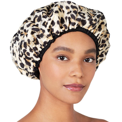 Betty Dain Wiederverwendbare Nylon-Duschhaube, umkehrbar, übergroß, wasserdicht, für alle Haarlängen, mit Frottee-Futter und elastischem Saum – Safari Spots