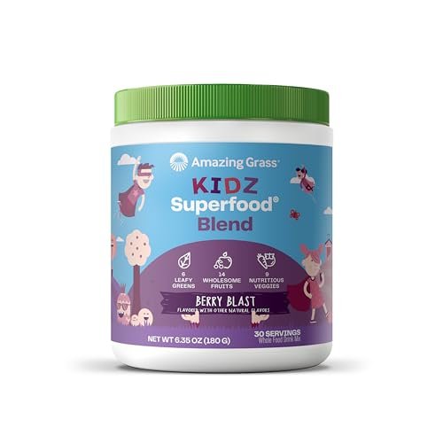 Amazing Grass Kidz Superfood Bio: Bio-Grünzeug, Obst, Gemüse, Rote-Bete-Pulver & Probiotika für gesunde Kinder, Beerig, 30 Portionen
