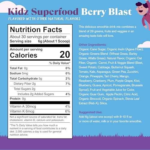 Amazing Grass Kidz Superfood Bio: Bio-Grünzeug, Obst, Gemüse, Rote-Bete-Pulver & Probiotika für gesunde Kinder, Beerig, 30 Portionen