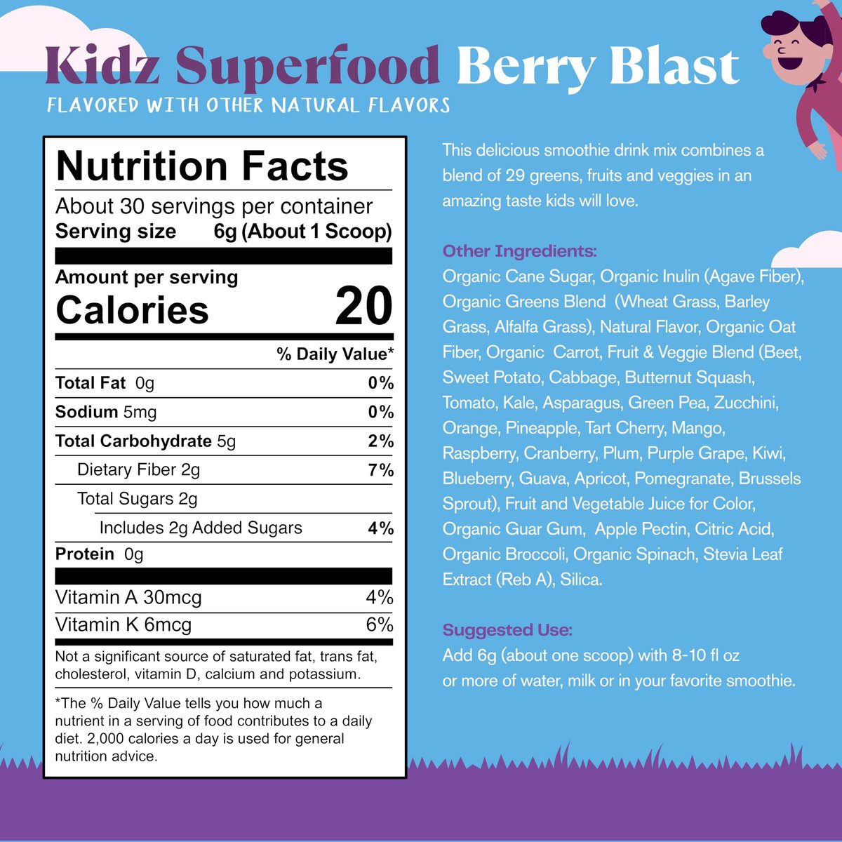 Amazing Grass Kidz Superfood Bio: Bio-Grünzeug, Obst, Gemüse, Rote-Bete-Pulver & Probiotika für gesunde Kinder, Beerig, 30 Portionen