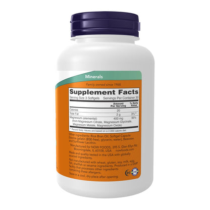 NOW Foods Magnesium Citrat mit Glycinat & Malat – 90 Softgels – Unterstützung für das Nervensystem