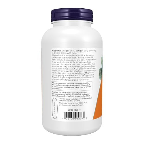 NOW Supplements, Magnesium Citrat mit Glycinat & Malat, Unterstützung des Nervensystems*, 180 Softgels