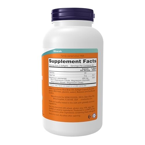 NOW Supplements, Magnesium Citrat mit Glycinat & Malat, Unterstützung des Nervensystems*, 180 Softgels