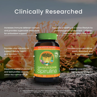 Nutrex Hawaii Pure Hawaiian Spirulina – Veganes Superfood, 500 mg Tabletten, aus Kona, Non-GMO, Immununterstützung & Zellenergie, 200 Stück