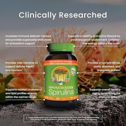 Nutrex Hawaii Pure Hawaiian Spirulina – Veganes Superfood, 500 mg Tabletten, aus Kona, Non-GMO, Immununterstützung & Zellenergie, 200 Stück