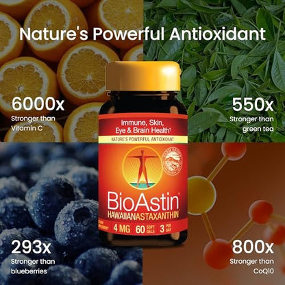 Nutrex Hawaii BioAstin Hawaiian Astaxanthin – 4 mg, 60 Softgels – Antioxidant für Haut & Immunsystem – aus Mikroalgen aus Kona, Hawaii – Non-GMO & Glutenfrei