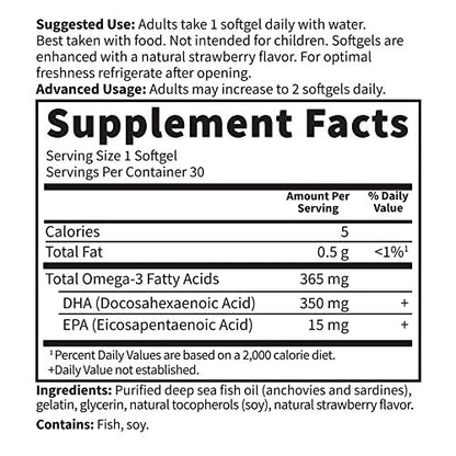 Garden of Life Oceans Mom Pränatales Fischöl DHA, Omega-3 Nahrungsergänzungsmittel - Erdbeer, 350 mg pränatales DHA für die Schwangerschaft, Unterstützung für Mama, Babys Gehirn- und Augenentwicklung, 30 kleine Softgels