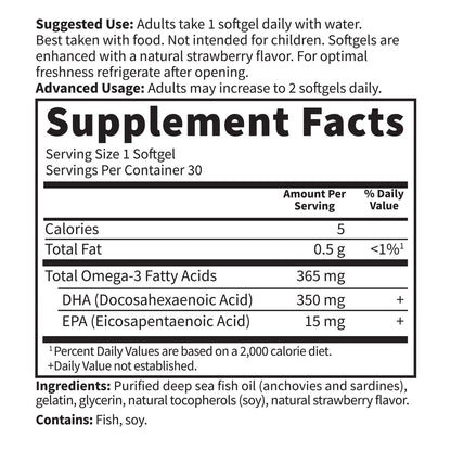 Garden of Life Oceans Mom Pränatales Fischöl DHA, Omega-3 Nahrungsergänzungsmittel - Erdbeer, 350 mg pränatales DHA für die Schwangerschaft, Unterstützung für Mama, Babys Gehirn- und Augenentwicklung, 30 kleine Softgels