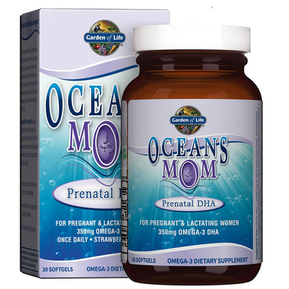Garden of Life Oceans Mom Pränatales Fischöl DHA, Omega-3 Nahrungsergänzungsmittel - Erdbeer, 350 mg pränatales DHA für die Schwangerschaft, Unterstützung für Mama, Babys Gehirn- und Augenentwicklung, 30 kleine Softgels