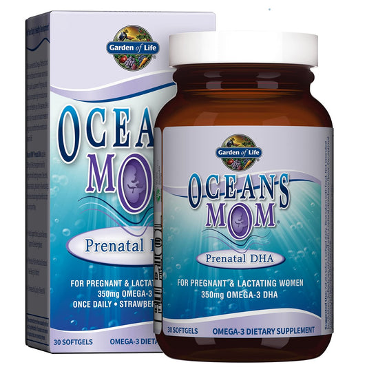 Garden of Life Oceans Mom Pränatales Fischöl DHA, Omega-3 Nahrungsergänzungsmittel - Erdbeer, 350 mg pränatales DHA für die Schwangerschaft, Unterstützung für Mama, Babys Gehirn- und Augenentwicklung, 30 kleine Softgels