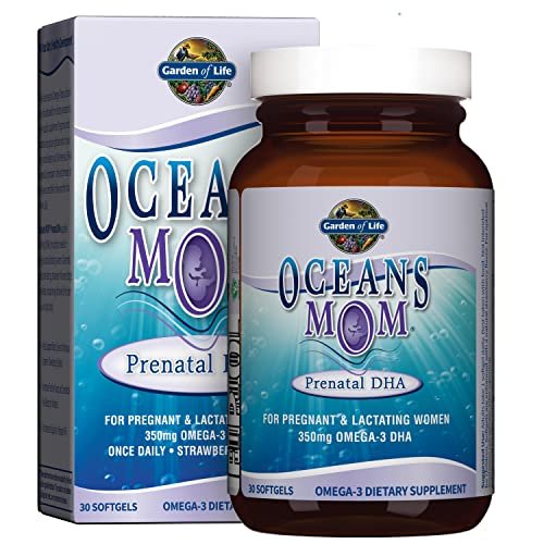Garden of Life Oceans Mom Pränatales Fischöl DHA, Omega-3 Nahrungsergänzungsmittel - Erdbeer, 350 mg pränatales DHA für die Schwangerschaft, Unterstützung für Mama, Babys Gehirn- und Augenentwicklung, 30 kleine Softgels