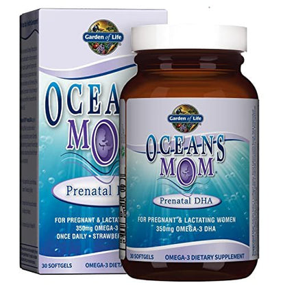 Garden of Life Oceans Mom Pränatales Fischöl DHA, Omega-3 Nahrungsergänzungsmittel - Erdbeer, 350 mg pränatales DHA für die Schwangerschaft, Unterstützung für Mama, Babys Gehirn- und Augenentwicklung, 30 kleine Softgels