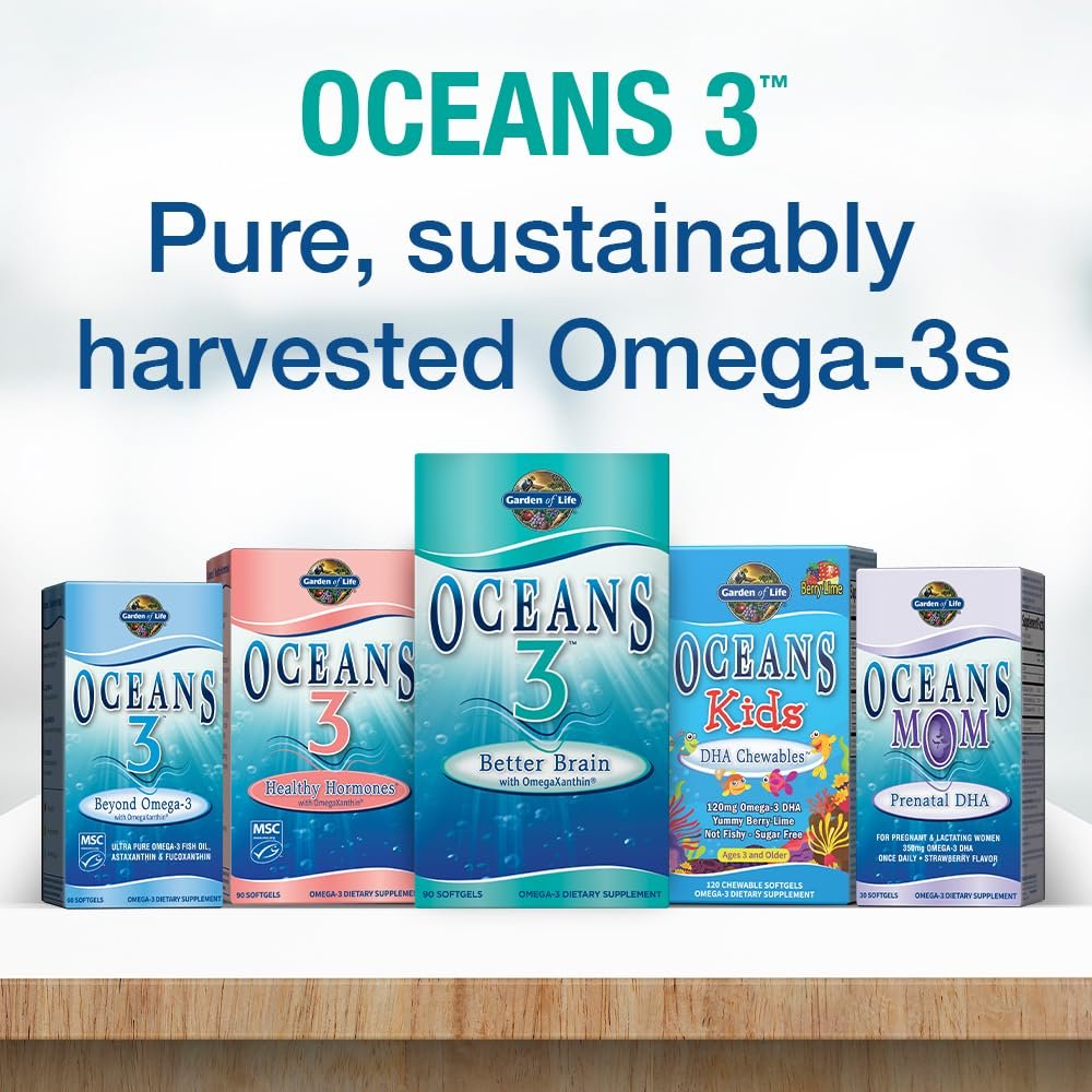 Garden of Life Oceans Mom Pränatales Fischöl DHA, Omega-3 Nahrungsergänzungsmittel - Erdbeer, 350 mg pränatales DHA für die Schwangerschaft, Unterstützung für Mama, Babys Gehirn- und Augenentwicklung, 30 kleine Softgels